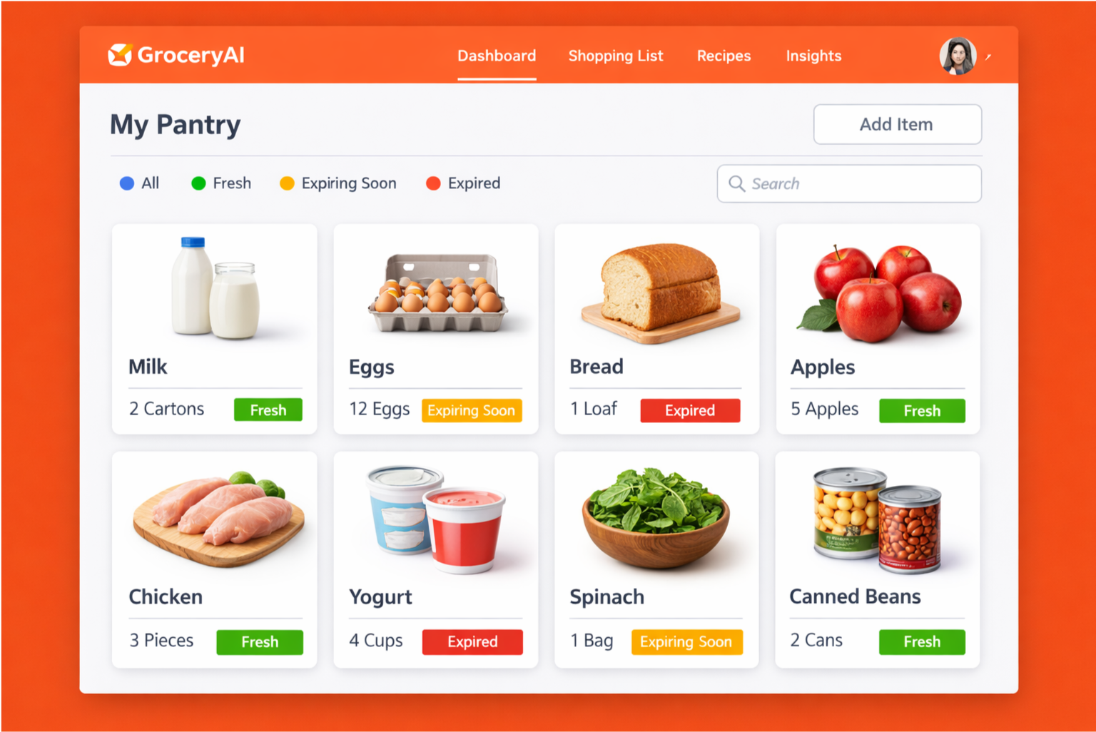 GroceryAI dashboard showing pantry items and expiration tracking