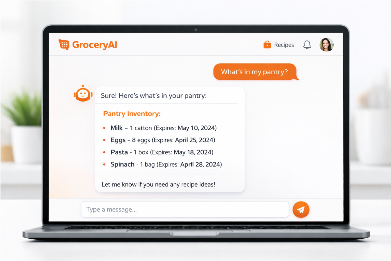 GroceryAI chat interface showing pantry management